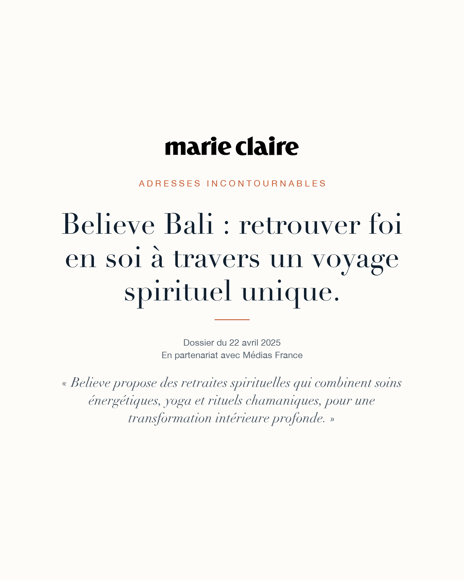 Marie Claire article about Believe Bali: 'finding faith in yourself through a unique spiritual journey', feature from 22 April 2025.