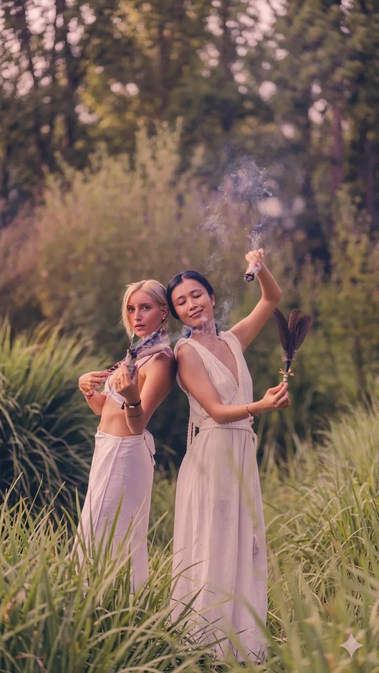 Purification ceremony: two practitioners in white robes with sage and feathers in the tall grasses